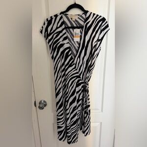 Michael Kors Zebra Print Wrap Black & White Tie Midi Dress Size Small